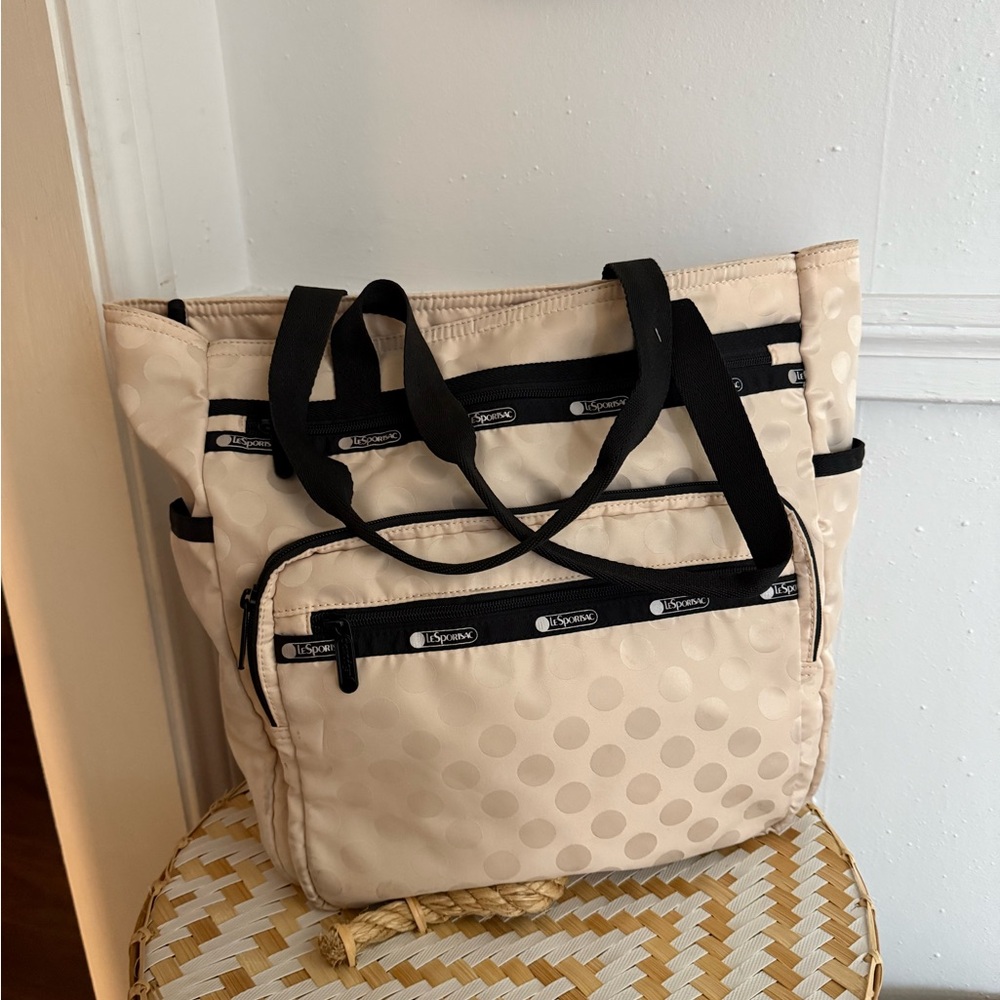 Polka Dot Cream Tote Bag with Black Accents